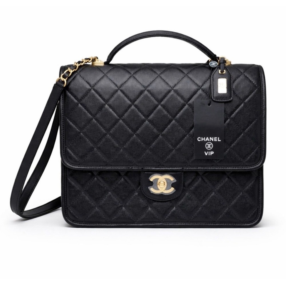 Chanel School Memory Large Flap Bag 22K Caviar Quilted Antique Gold Hardware NWT